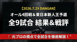 ボクシングリングとグローブのイラスト。DANGANオール4回戦、東日本新人王予選の結果と戦評。