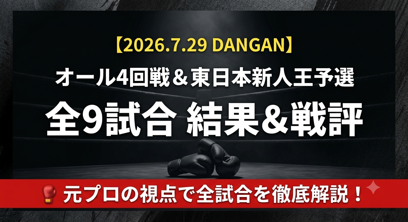 ボクシングリングとグローブのイラスト。DANGANオール4回戦、東日本新人王予選の結果と戦評。